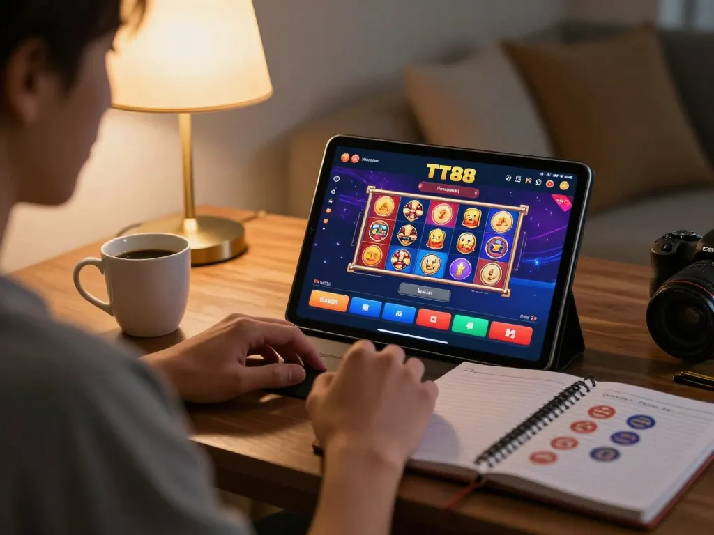 A player engaging with TT88's online slots on a tablet at home, showcasing a gaming setup.