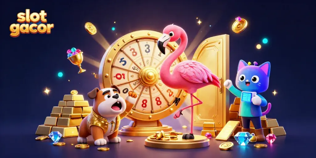 A vibrant scene of slot gacor fun, featuring a flamingo host, a bulldog, and a scoreboard cat amidst golden treasures.