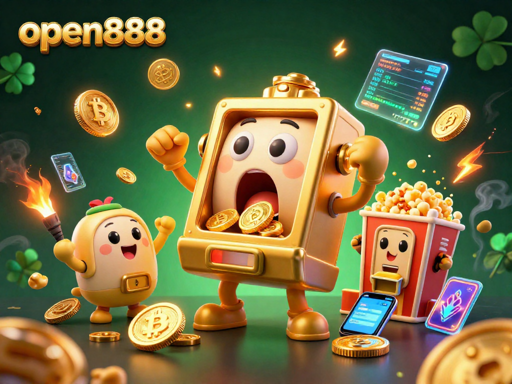 open888 celebrates wins with a 3D animated scene of a golden slot machine hitting a jackpot, surrounded by cheering mini slots and crypto elements.