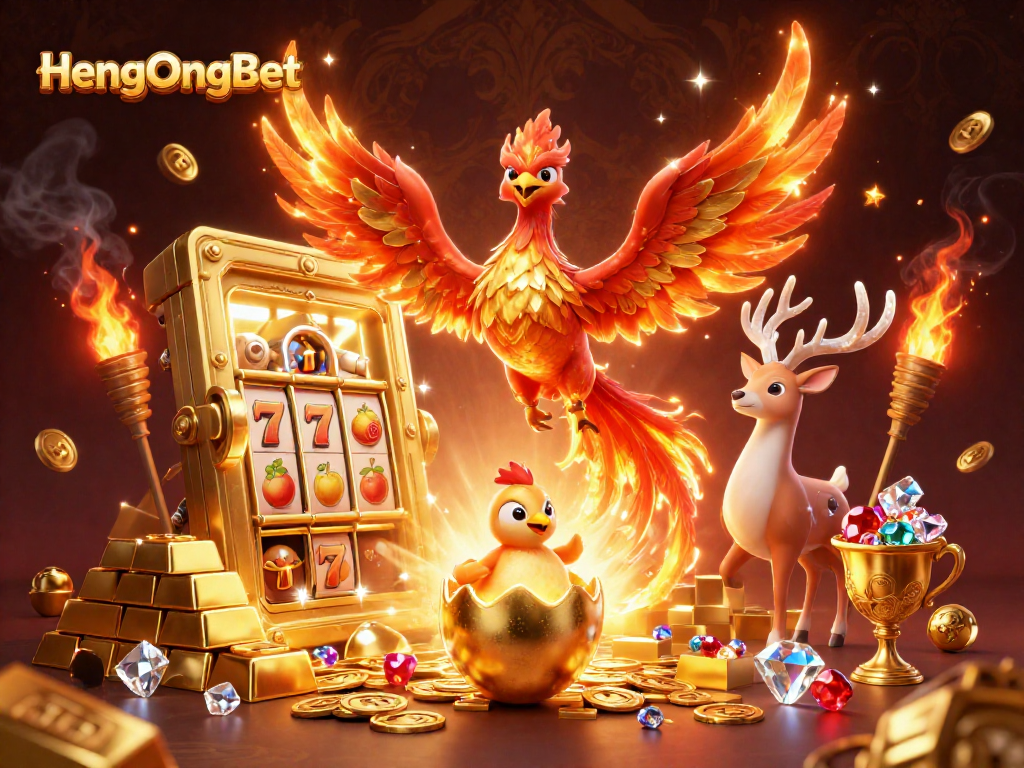 HengOngBet offers exciting slots experience with a blazing fire phoenix and golden treasures.