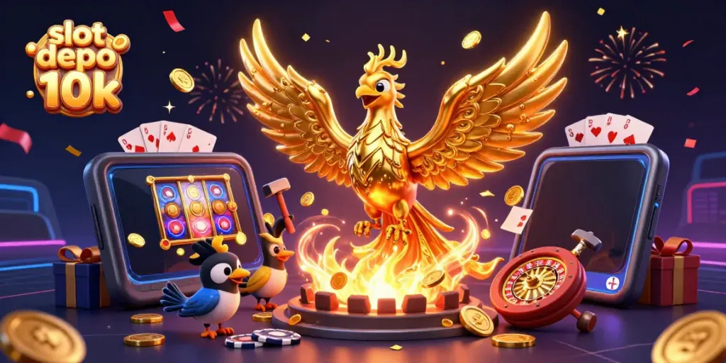 Menangkan jackpot dengan slot depo 10k menggunakan ponsel cerdas yang menampilkan permainan slot berwarna-warni.