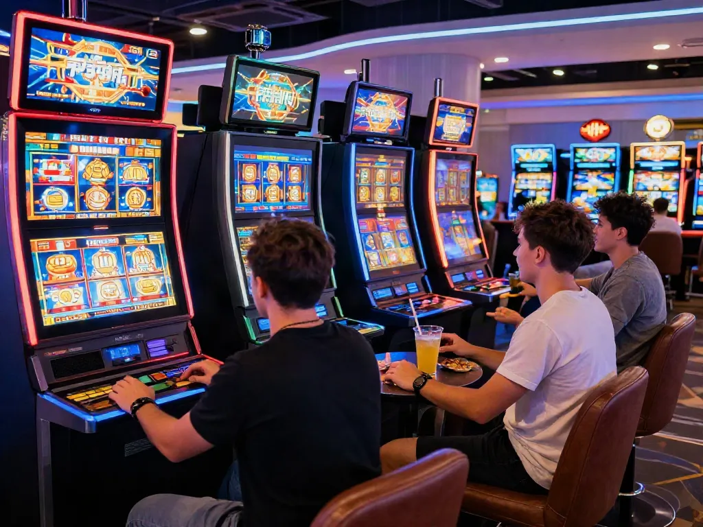 Group enjoying slot machines in a lively casino gaming lounge.