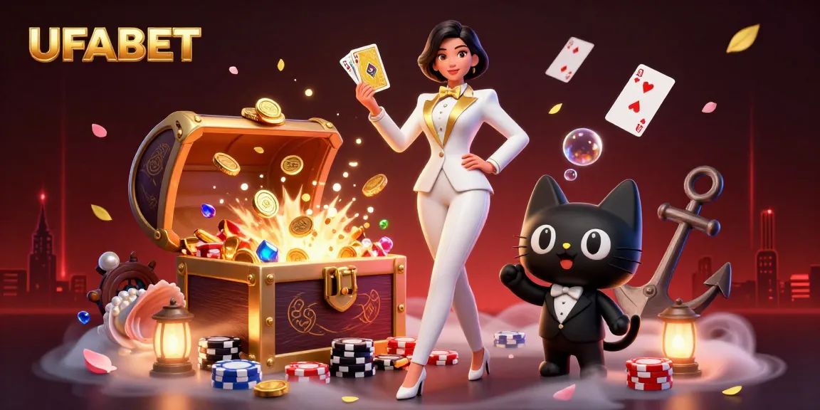 Experience thrilling UFABET action with a glamorous woman dealing cards alongside a stylish tuxedo cat.