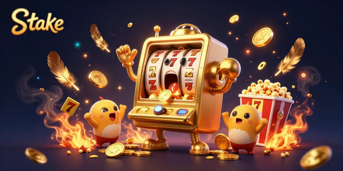 Stake casino's animated golden slot machine celebrates its jackpot, with cheering mini machines and dynamic elements.