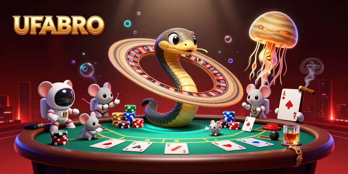 Engage in thrilling bets at UFABRO with vibrant cosmic casino featuring snakes and tiny astronaut mice.