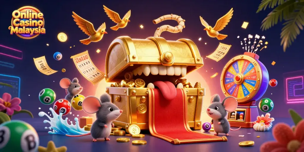 Engaging 3D scene showcasing Online Casino Malaysia with vibrant illustrations and dynamic elements.