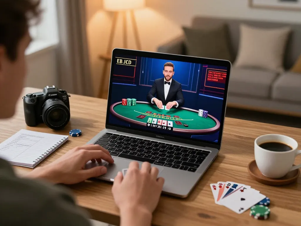 Player enjoying live blackjack at N188 online casino from cozy home office setup