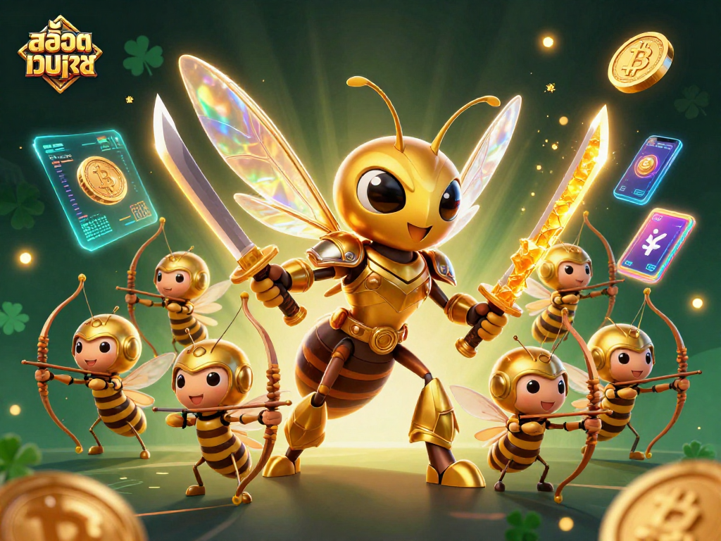 Engage in สล็อตเว็บตรง action featuring a giant golden hornet and bee archers amidst glowing crypto coins.