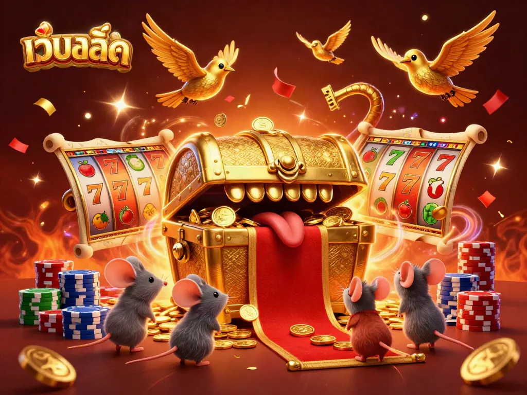 เล่นเกมสล็อตที่เว็บสล็อตกับตู้แสดงสมบัติสีทองและสัญลักษณ์โชคดี