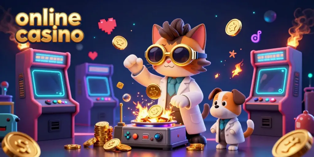 Engaging scene of an online casino with a mad scientist cat and lab assistant dog creating gold coins amid vibrant game machines.