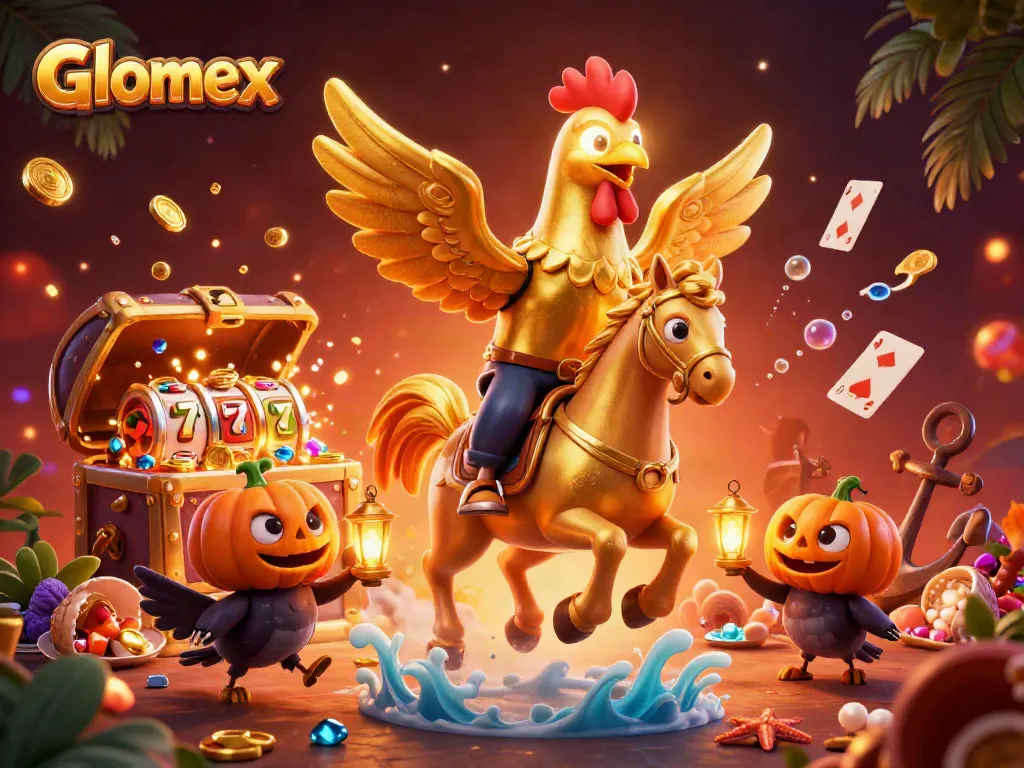 Engage in thrilling casino play with Glomex, featuring golden rooster and slot reels.
