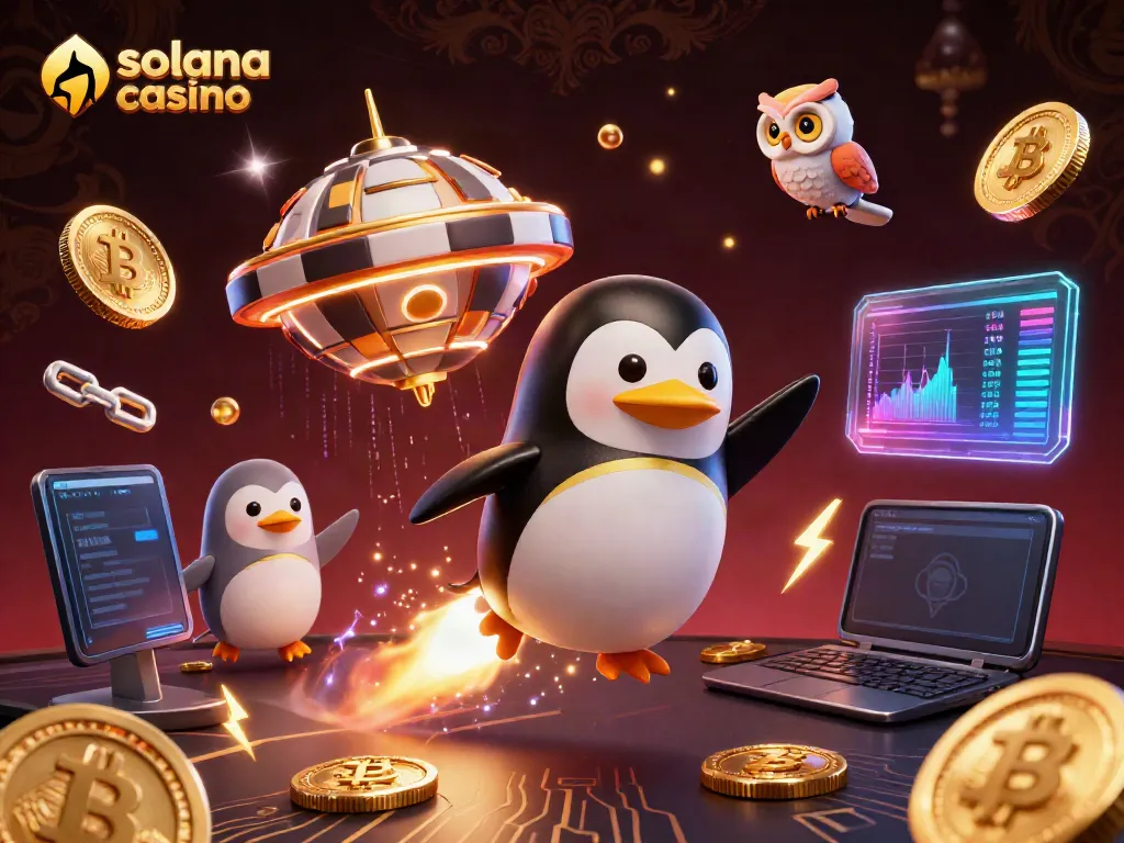 Experience playfulness in a solana casino scene with a golden penguin, crypto coins and space elements.