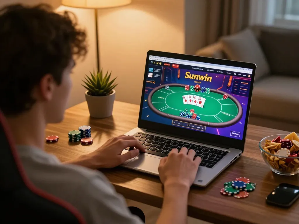 Engaged player enjoying Sunwin's online poker game on laptop with ambient home lighting.