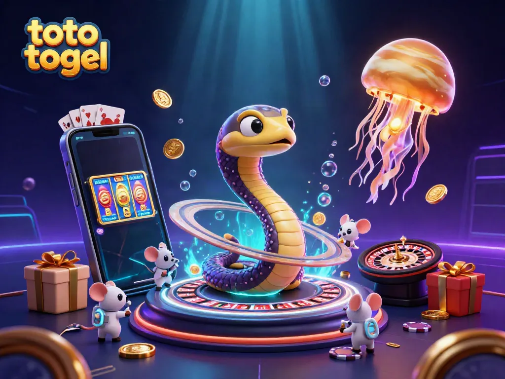 Experience the thrill of toto togel with a vibrant 3D scene featuring a Saturn ring snake roulette wheel and betting astronaut mice.