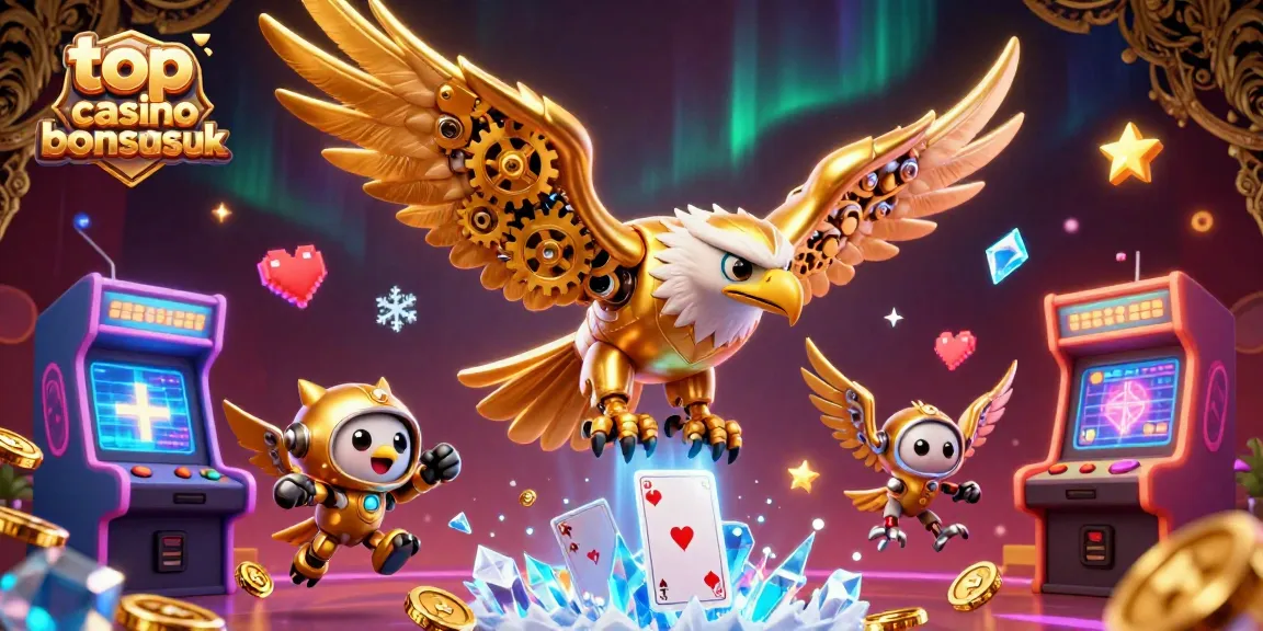 Explore the top casino bonuses uk with a vibrant 3D simulation featuring a golden eagle amidst holographic cards.