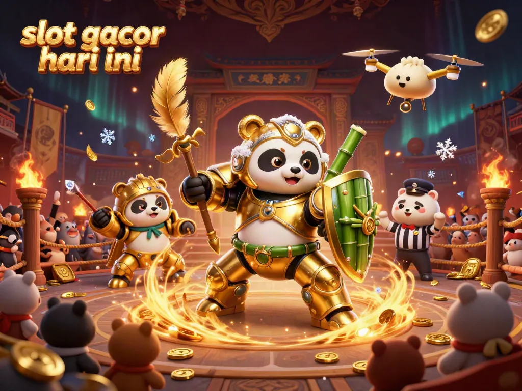 Permainan slot gacor hari ini dalam ilustrasi 3D dinamis dengan panda emas dan robot bertemakan kasino.