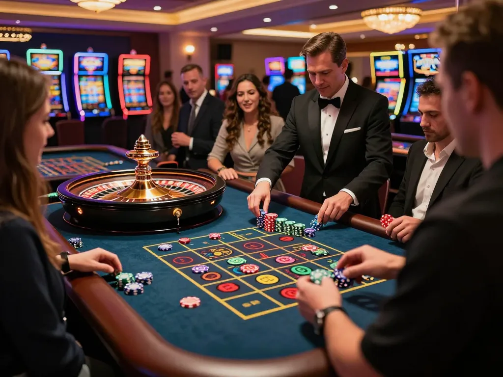 Kuwin players placing bets at a roulette table in an exciting casino atmosphere.