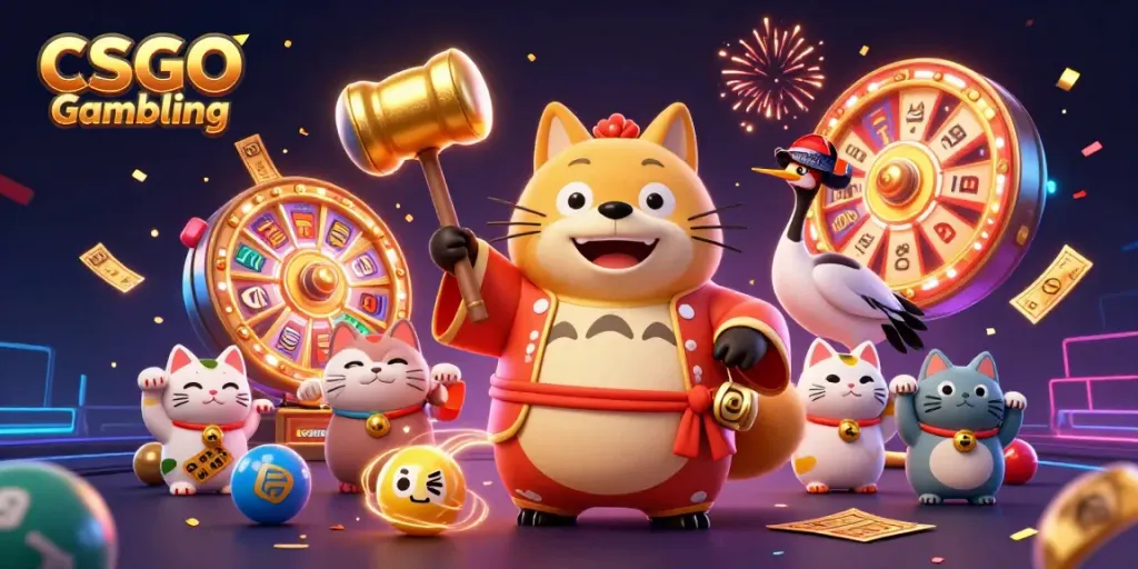 Experience CSGO Gambling through a vibrant celebration scene with dynamic characters and game elements.
