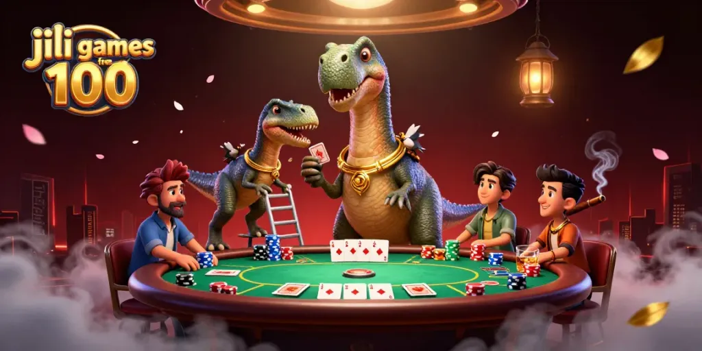 Engage with jili games free 100 in a vibrant casino scene featuring a brontosaurus and poker elements.