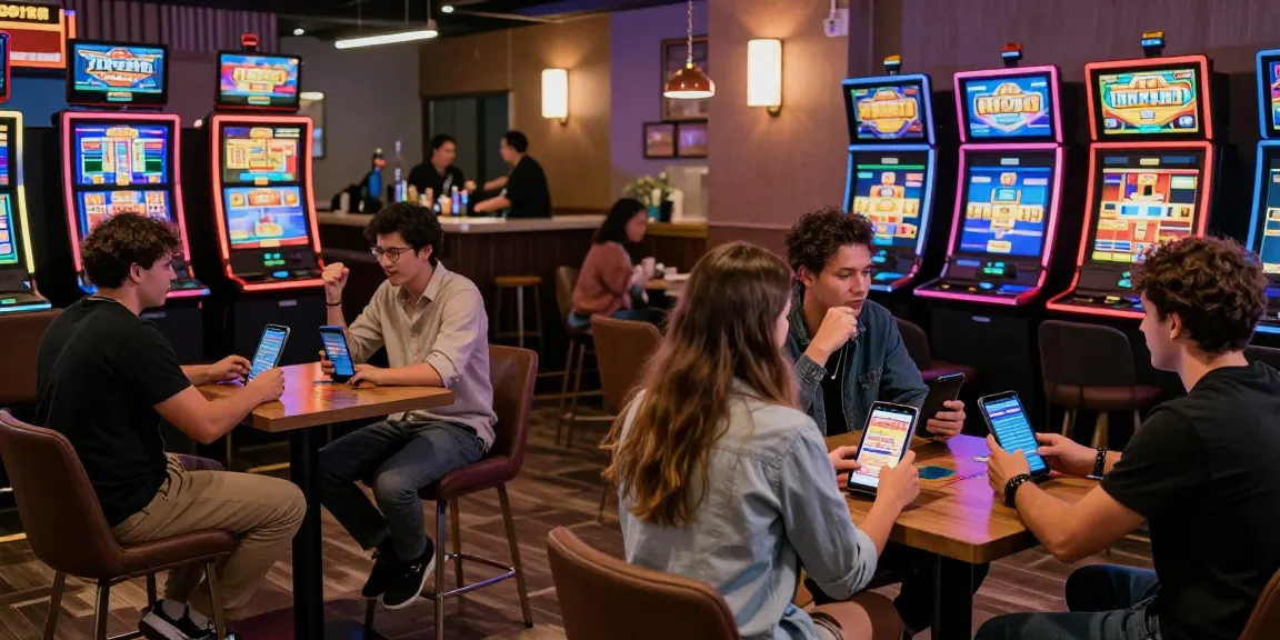 Players enjoying the slot7000 gaming experience on mobile devices in a vibrant cafe setting.