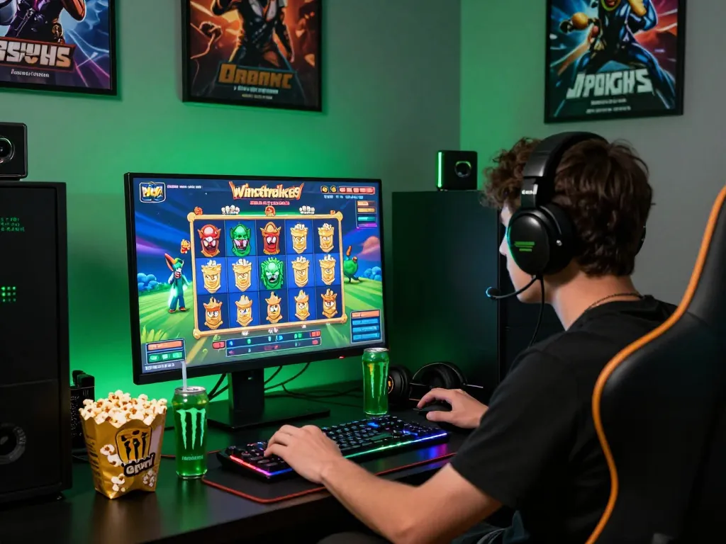 Player enjoying Winstrike69 casino slots in vibrant gaming space.