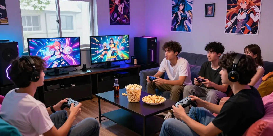 Group enjoying immersive hentai games in a vibrant gaming lounge
