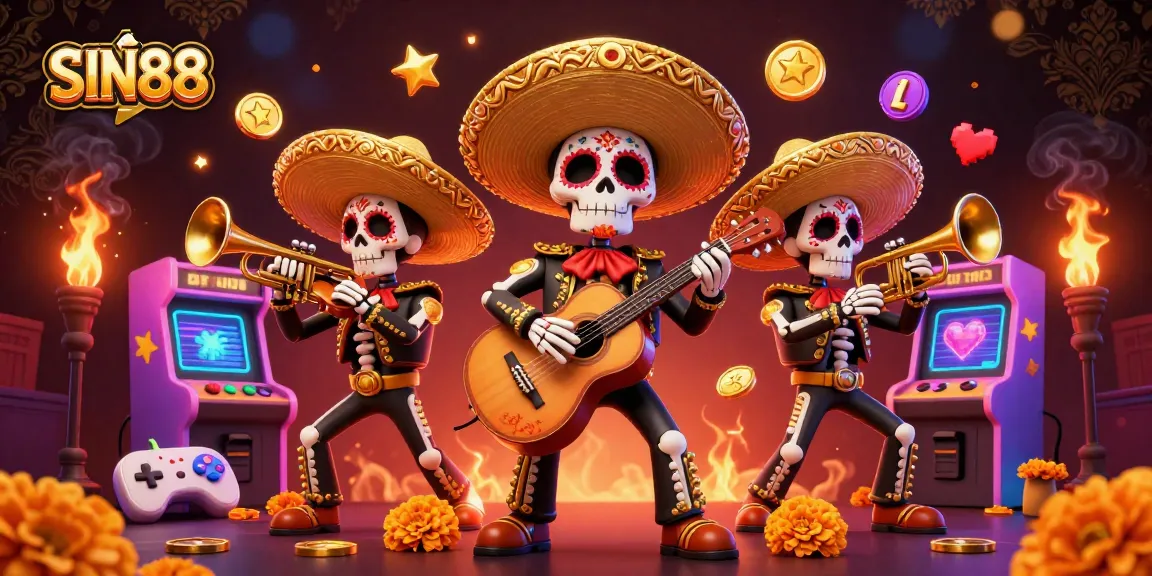 SIN88 engaging players at a vibrant casino with colorful 3D arcade machines amidst lively mariachi band