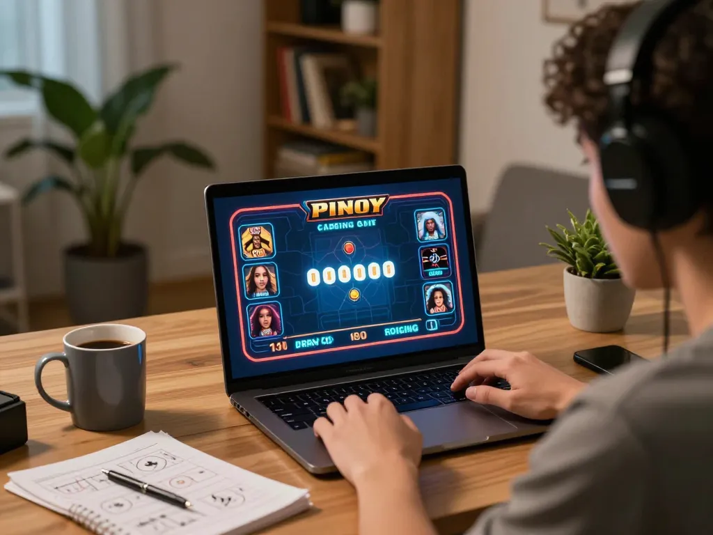 Player enjoying a thrilling Pinoy Casino Game on a laptop in a cozy home office.