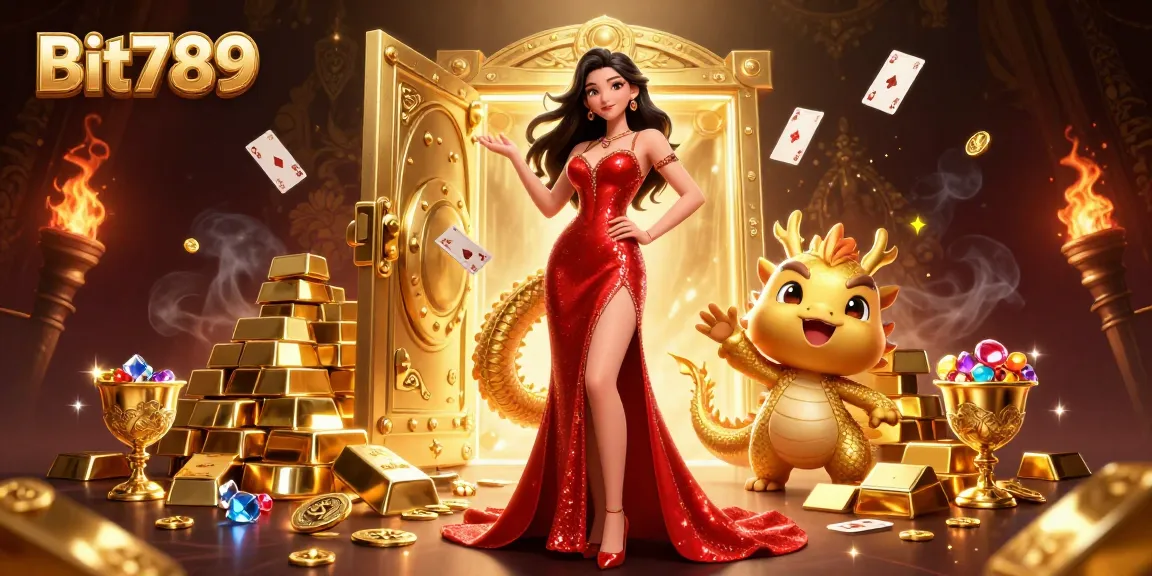 Engage with Bit789's vibrant casino scene featuring a confident Asian woman and a golden dragon.