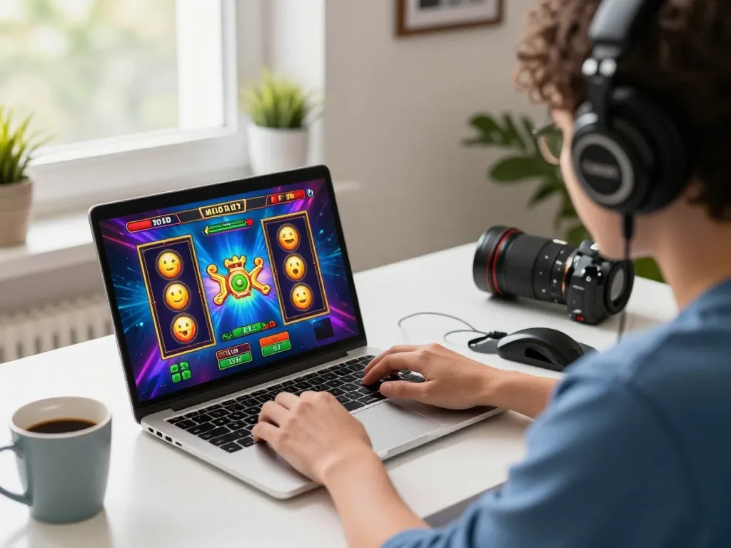 Engaging in situs slot gameplay on a laptop with colorful graphics and a cozy home atmosphere.