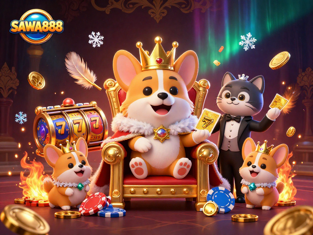 SAWA888 showcases an extravagant slot scene with a royal corgi and fine details, celebrating winning moments.