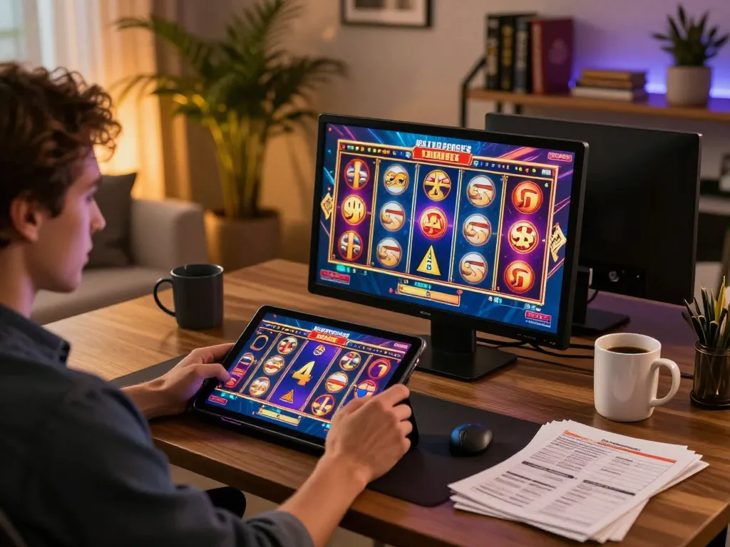 Engaged player using w4u app on tablet for slot gaming in cozy home setup