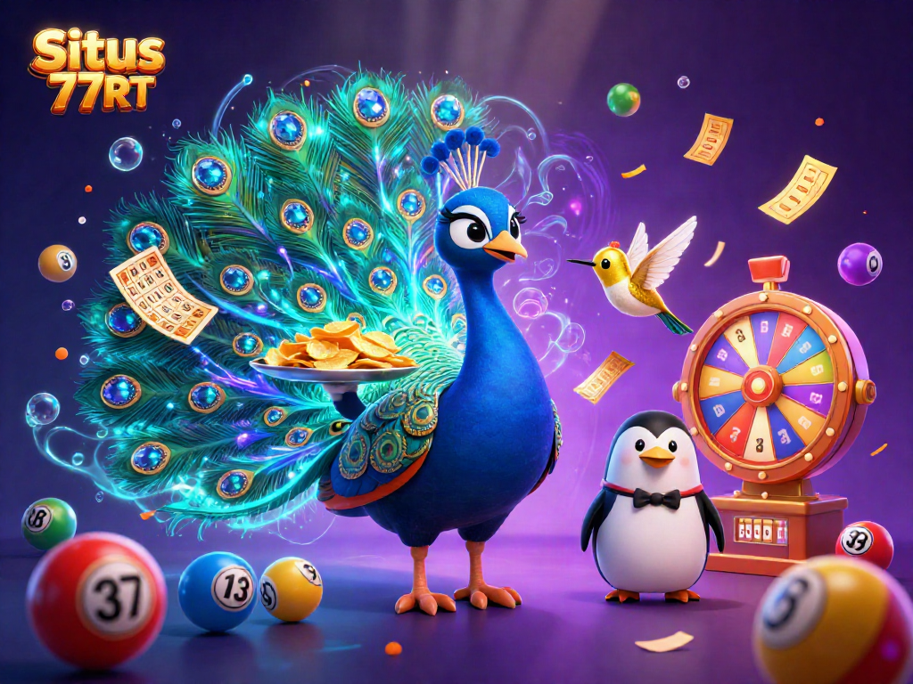 Situs 77RT showcases a vibrant lottery scene with colorful balls and casino elements