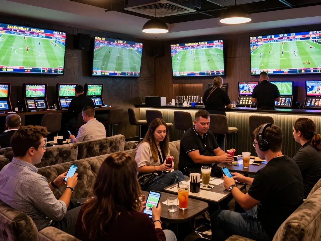 IDNSCORE betting enthusiasts engaging with live sports screens and mobile devices in a dynamic lounge.