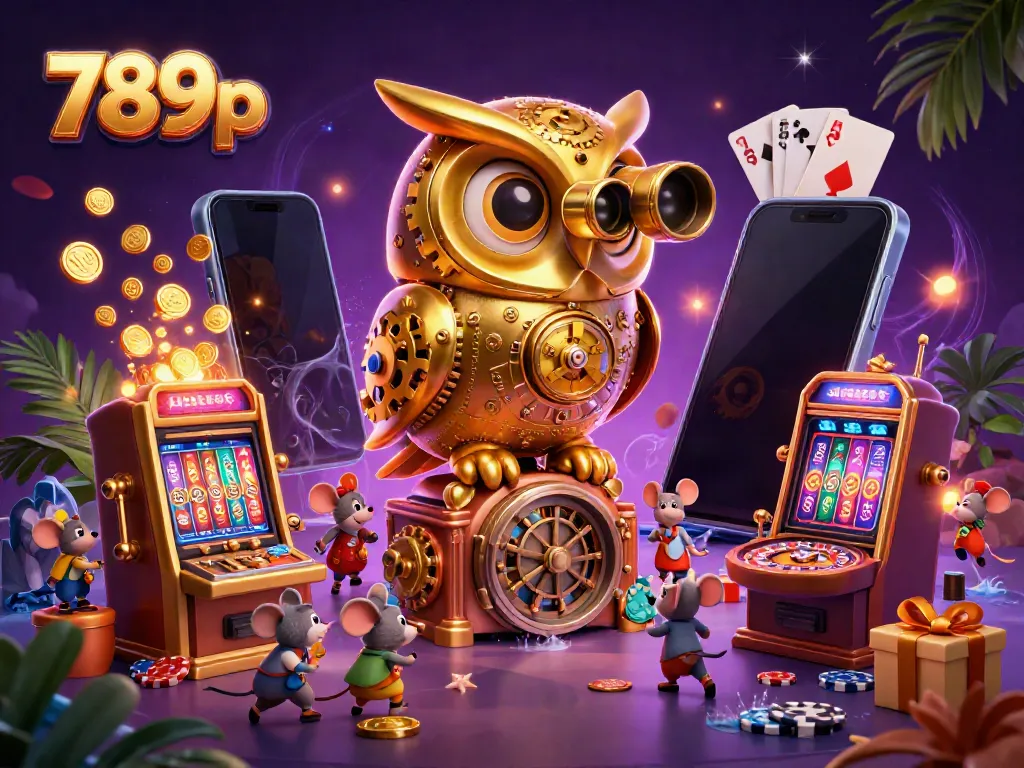 Engage with 789p's vibrant casino world featuring a golden owl scanning the lively game floor.