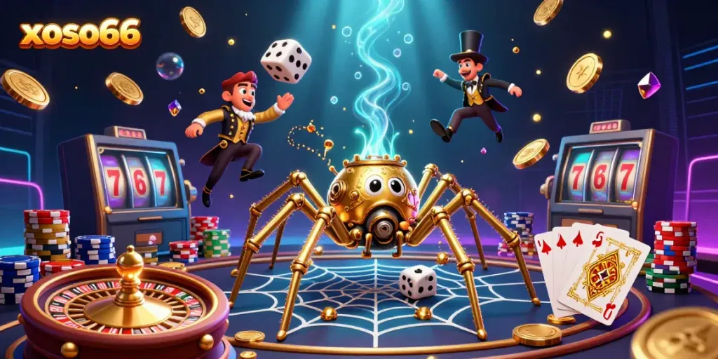 Engage in xoso66's vibrant gaming atmosphere with a detailed 3D illustration depicting steampunk elements and casino excitement.
