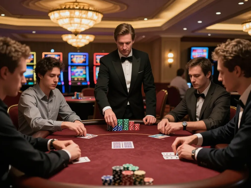 Pemain Aman788 merencanakan strategi di meja poker berisiko tinggi yang menampilkan permainan intens dan suasana kasino yang penuh warna.