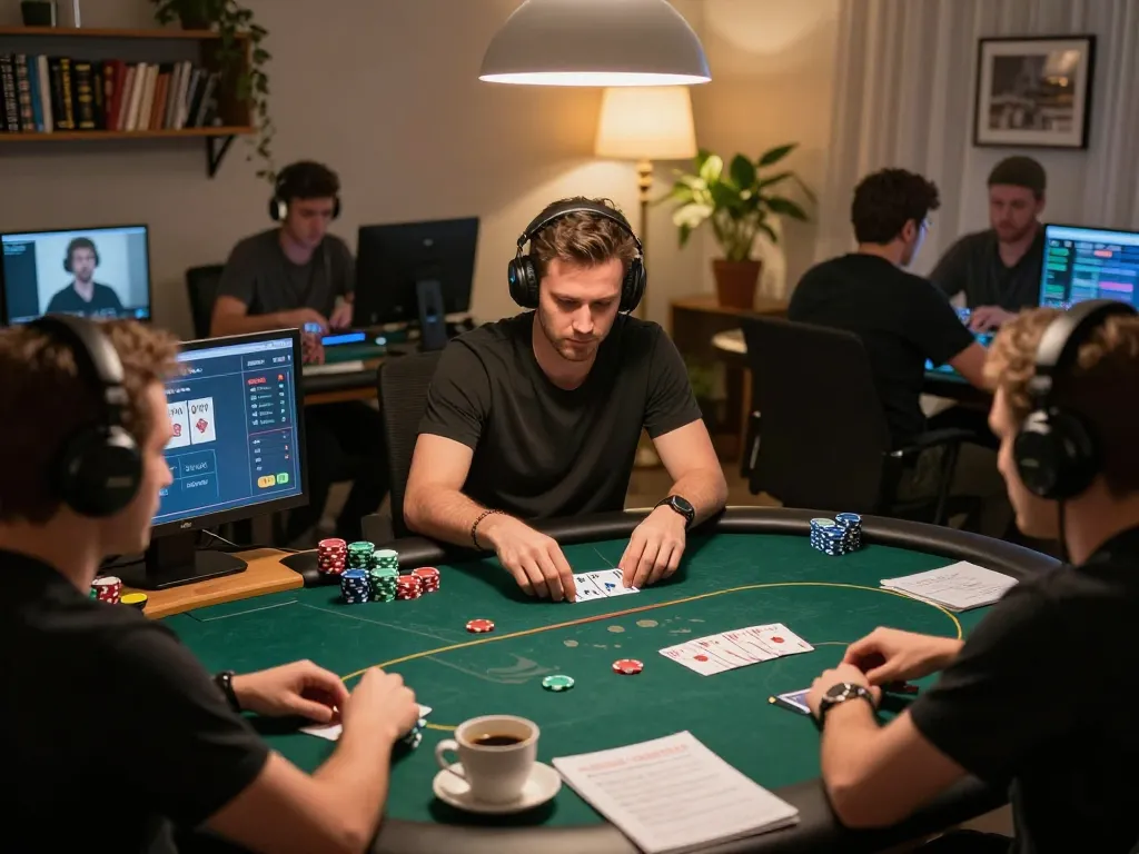 Engaged player participating in maxpoker88 online poker session, with strategy notes and coffee nearby.