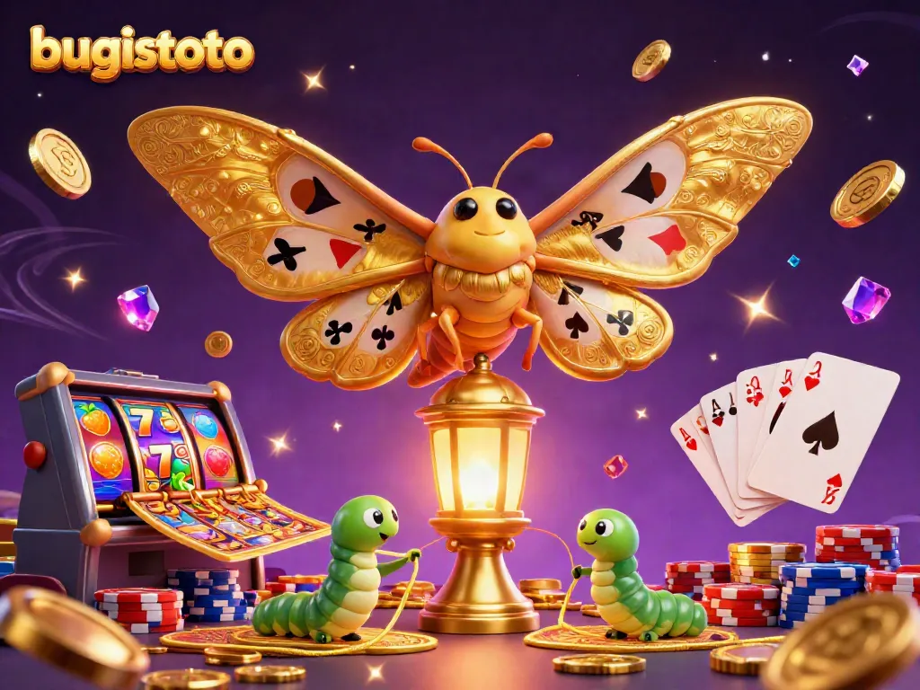 Experience the magic of bugistoto with this vibrant 3D illustration featuring slot machines, golden coins, and playful characters.