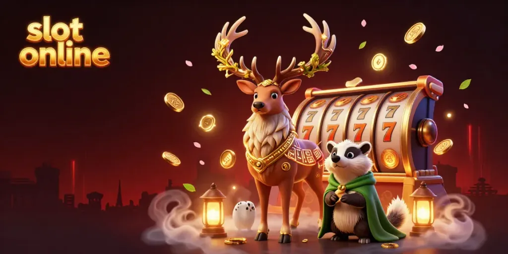 Engage with the vibrant slot online experience, featuring illuminated reels, golden coins, and captivating characters.