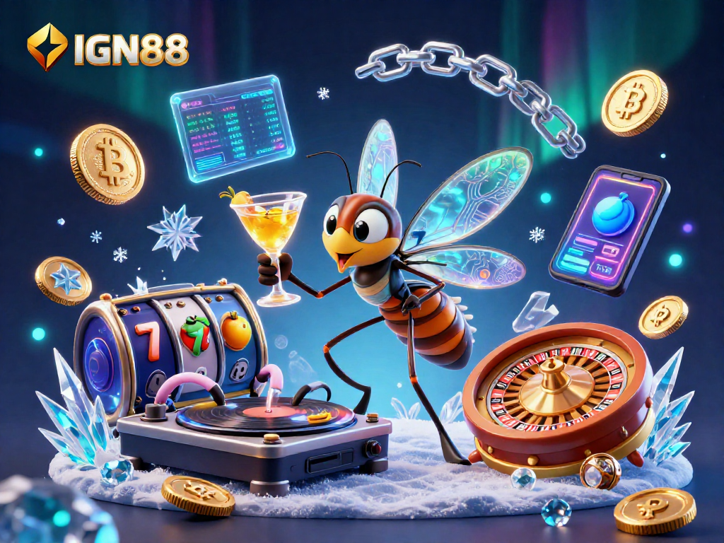 Experience winning with IGN88 at a vibrant casino featuring frozen mascots and crypto elements.