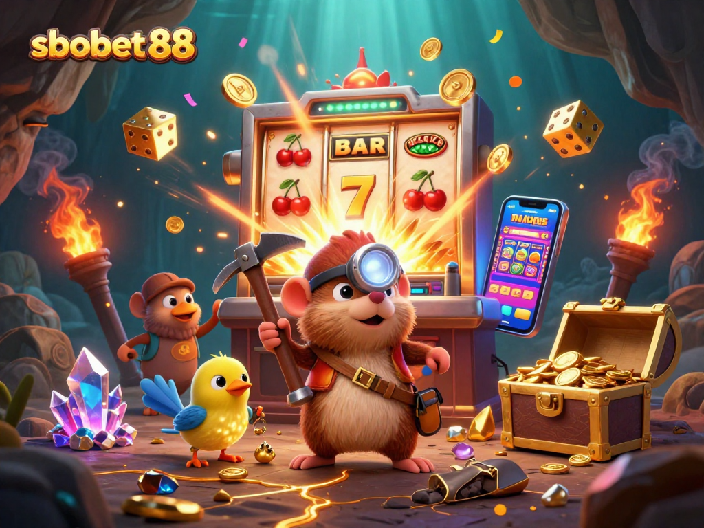 Engage in thrilling betting action with sbobet 88 as a treasure hunter vies for jackpots amid glowing gems and coins!
