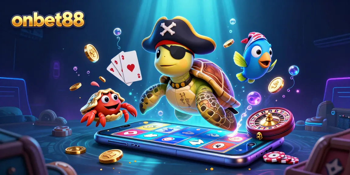 Experience thrilling slots at onbet88 with a pirate turtle and vibrant casino elements. Join now!