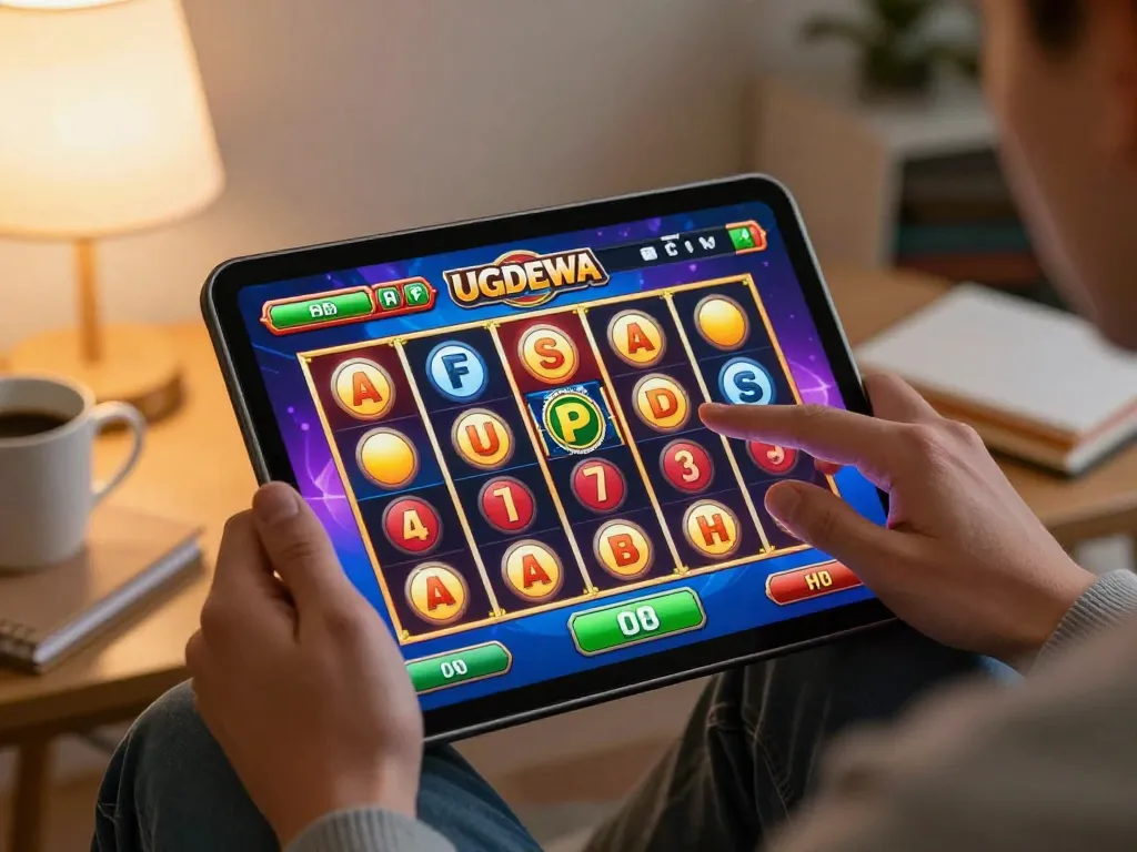 Players immersed in UGDEWA online slot gameplay, showcasing vibrant game interface during cozy home gaming session.