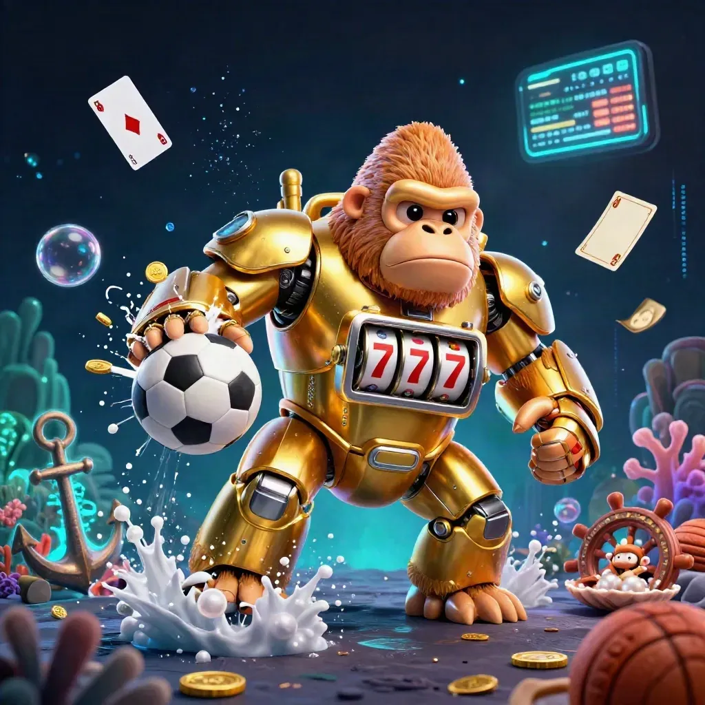 Golden gorilla mech in a treasure cove, soccer ball and basketball mid-flight, casino neon energy