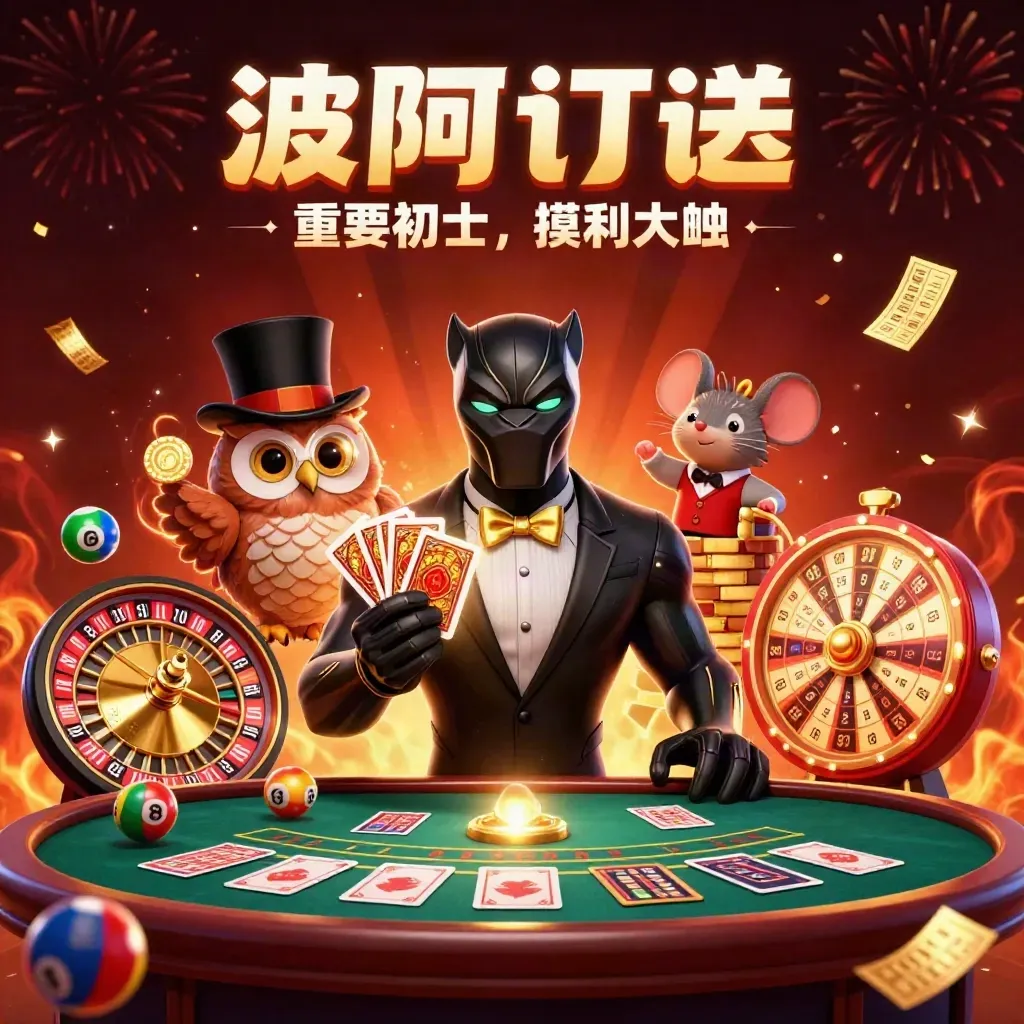Tuxedoed panther, owl, and mouse amid glowing casino wheels, confetti, cards, and fireworks.