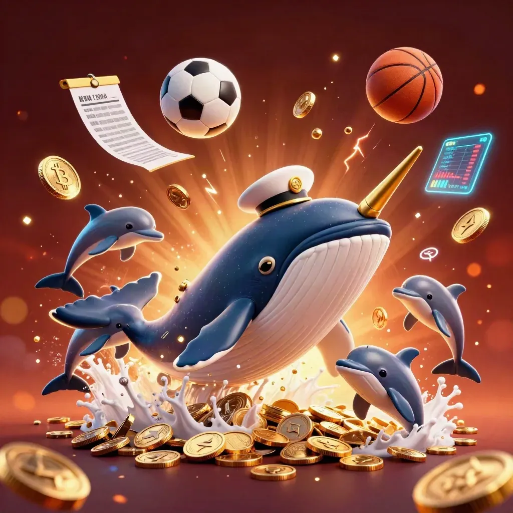 Whale captain, narwhal, and dolphins burst through coins with sports balls and neon casino effects.