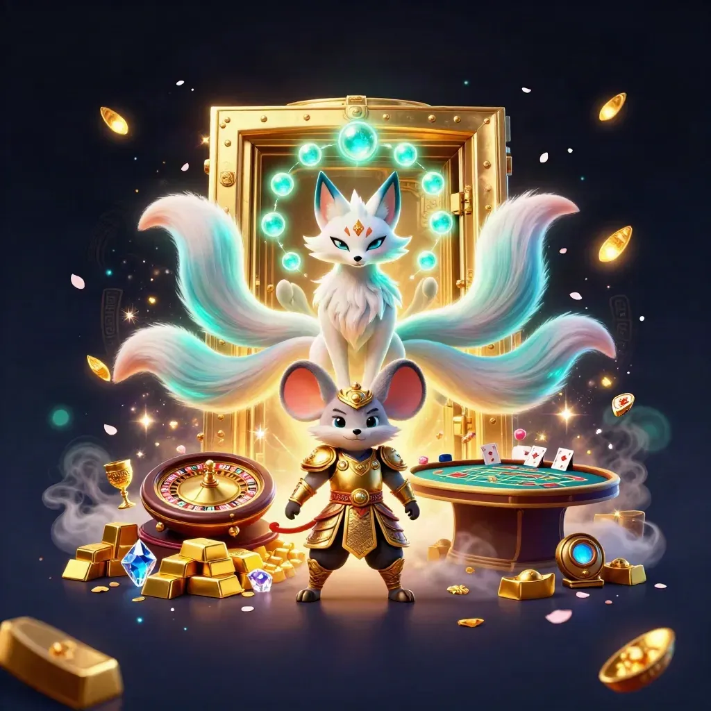 Nine-tailed fox spirit and golden-armored mouse open a treasure vault amid casino magic.