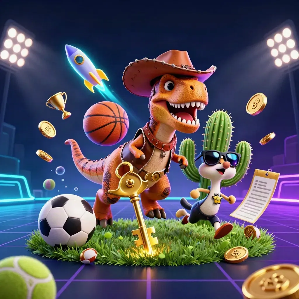 Cowboy T-Rex, cactus sidekick, and roadrunner amid flying balls, coins, and neon lights.
