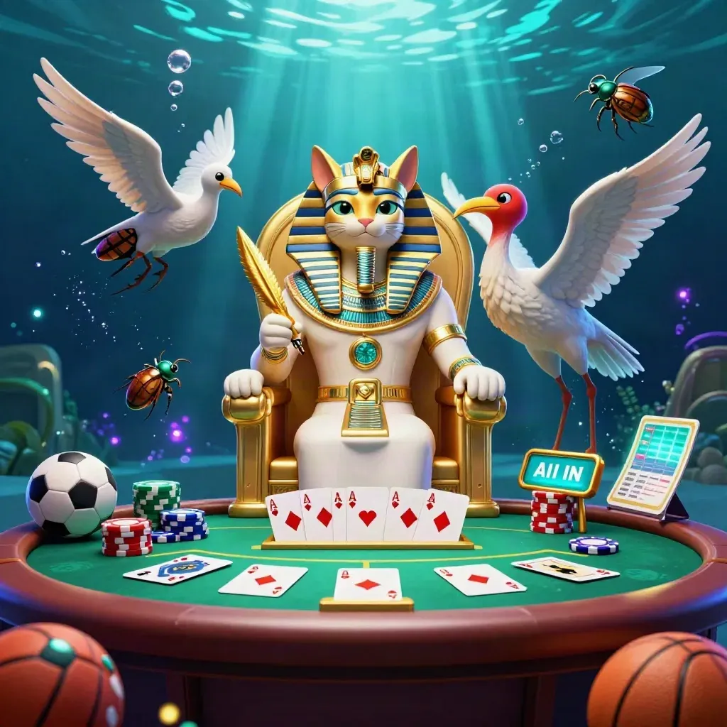 Pharaoh cat, ibis scribe, and gem-winged scarabs amid casino relics in glowing underwater teal.
